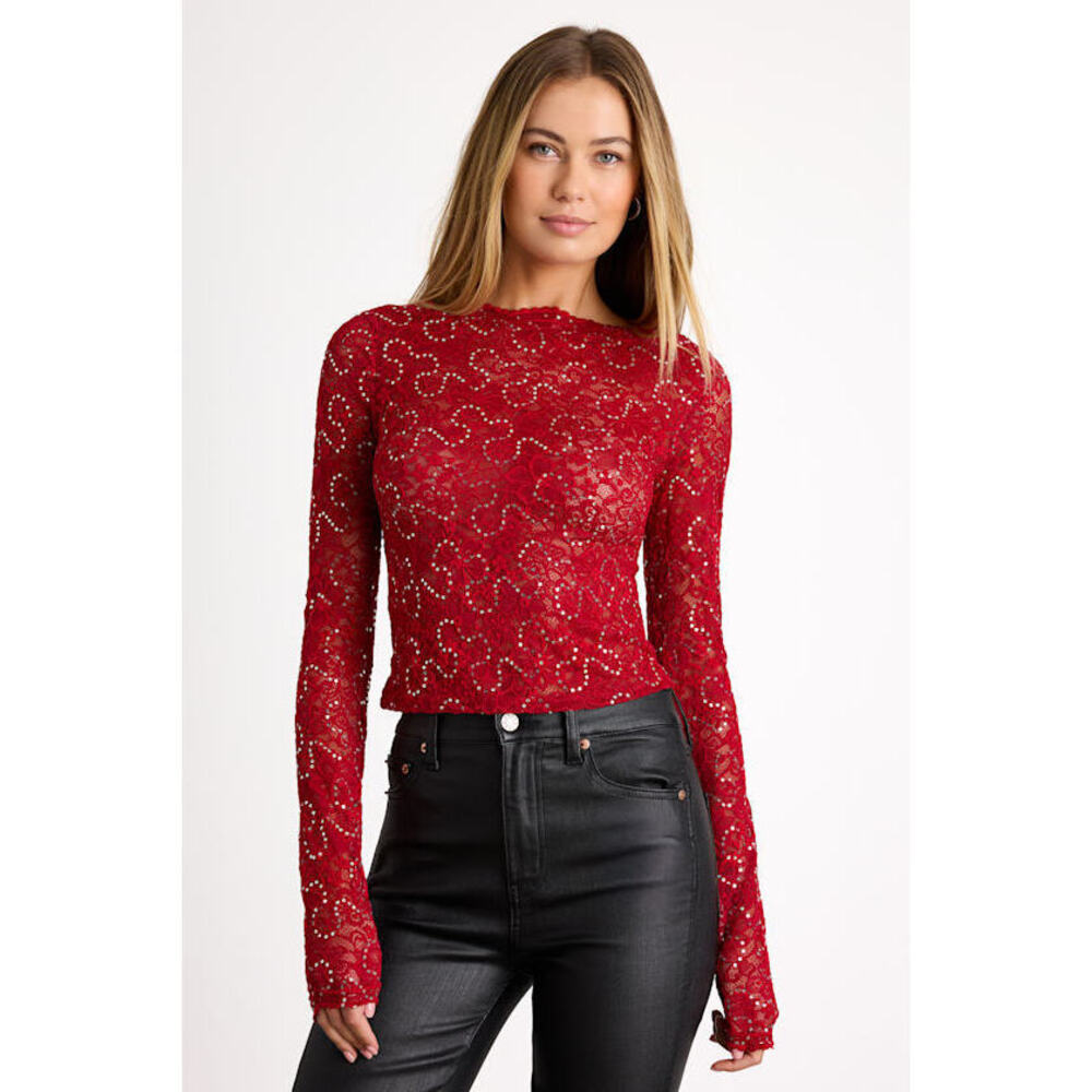 Lulus Elaura Red Sheer Lace Sequin Long Sleeve Top - Size L